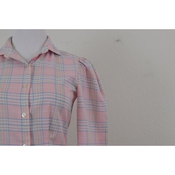 Vintage 80s Plaid Long Sleeves Poly/Cotton Pastel Button up Blouse - Picture 10 of 10